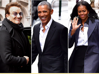 Fans cheer for Obamas and Bono at NYC lunch