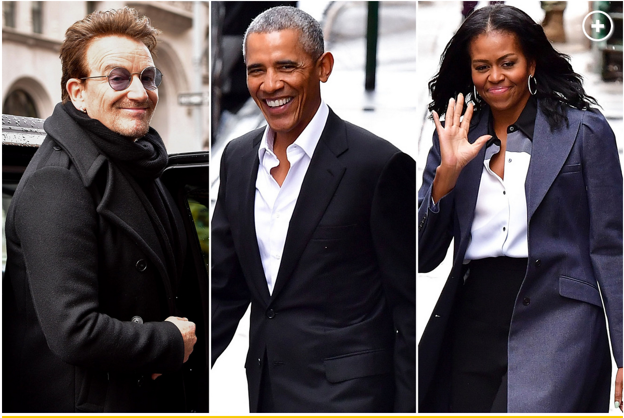 Fans cheer for Obamas and Bono at NYC lunch